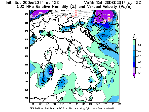 Mappa di analisi GFS - Umidità relativa [%] e Omega [Pa/s] a 500 hPa in Italia
							del 20/12/2014 18 <!--googleoff: index-->UTC<!--googleon: index-->