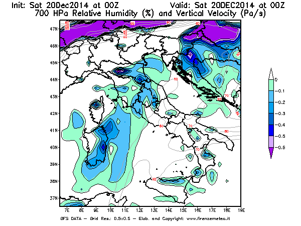 Mappa di analisi GFS - Umidità relativa [%] e Omega [Pa/s] a 700 hPa in Italia
									del 20/12/2014 00 <!--googleoff: index-->UTC<!--googleon: index-->