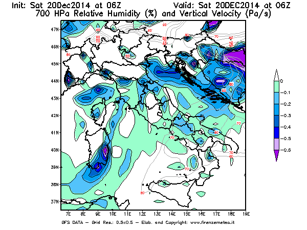 Mappa di analisi GFS - Umidità relativa [%] e Omega [Pa/s] a 700 hPa in Italia
									del 20/12/2014 06 <!--googleoff: index-->UTC<!--googleon: index-->