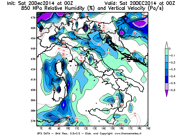 Mappa di analisi GFS - Umidità relativa [%] e Omega [Pa/s] a 850 hPa in Italia
									del 20/12/2014 00 <!--googleoff: index-->UTC<!--googleon: index-->