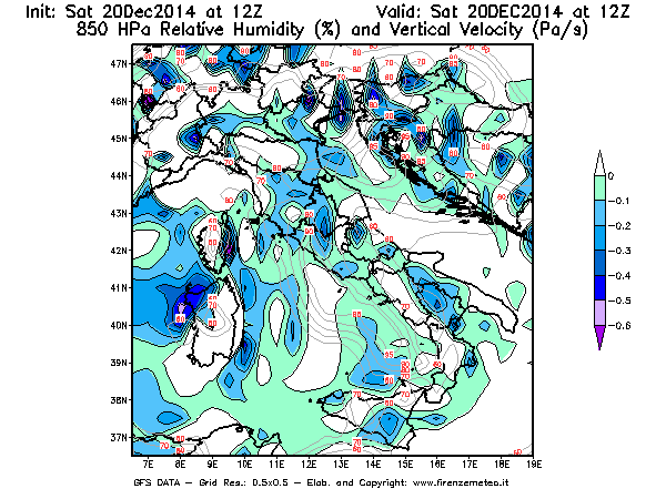 Mappa di analisi GFS - Umidità relativa [%] e Omega [Pa/s] a 850 hPa in Italia
									del 20/12/2014 12 <!--googleoff: index-->UTC<!--googleon: index-->