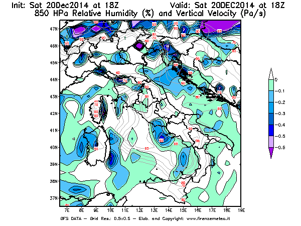 Mappa di analisi GFS - Umidità relativa [%] e Omega [Pa/s] a 850 hPa in Italia
									del 20/12/2014 18 <!--googleoff: index-->UTC<!--googleon: index-->