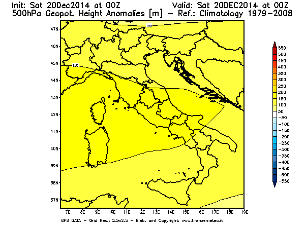 Mappa di analisi GFS - Anomalia di Geopotenziale a 500 hPa in Italia
									del 20/12/2014 00 <!--googleoff: index-->UTC<!--googleon: index-->
