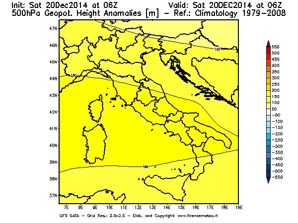 Mappa di analisi GFS - Anomalia di Geopotenziale a 500 hPa in Italia
									del 20/12/2014 06 <!--googleoff: index-->UTC<!--googleon: index-->