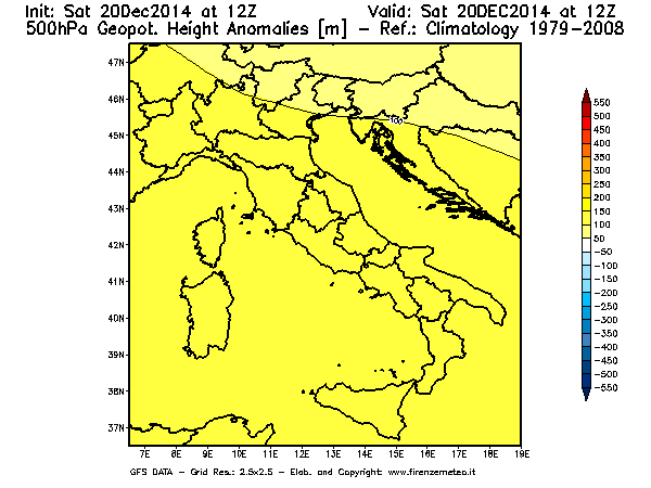 Mappa di analisi GFS - Anomalia di Geopotenziale a 500 hPa in Italia
									del 20/12/2014 12 <!--googleoff: index-->UTC<!--googleon: index-->