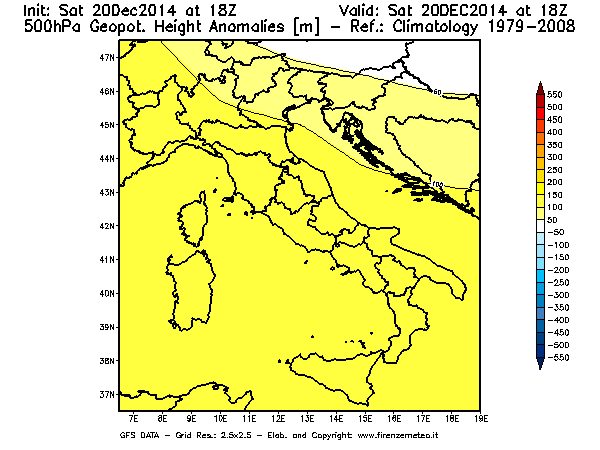 Mappa di analisi GFS - Anomalia di Geopotenziale a 500 hPa in Italia
									del 20/12/2014 18 <!--googleoff: index-->UTC<!--googleon: index-->