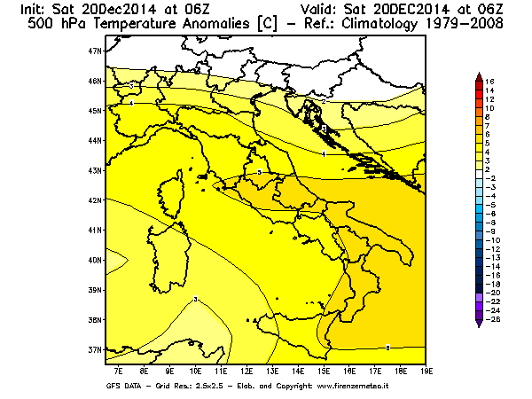 Mappa di analisi GFS - Anomalia Temperatura [°C] a 500 hPa in Italia
									del 20/12/2014 06 <!--googleoff: index-->UTC<!--googleon: index-->