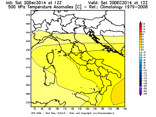 Mappa di analisi GFS - Anomalia Temperatura [°C] a 500 hPa in Italia
									del 20/12/2014 12 <!--googleoff: index-->UTC<!--googleon: index-->