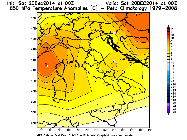 Mappa di analisi GFS - Anomalia Temperatura [°C] a 850 hPa in Italia
									del 20/12/2014 00 <!--googleoff: index-->UTC<!--googleon: index-->