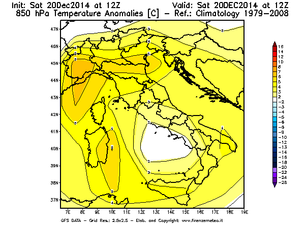 Mappa di analisi GFS - Anomalia Temperatura [°C] a 850 hPa in Italia
							del 20/12/2014 12 <!--googleoff: index-->UTC<!--googleon: index-->