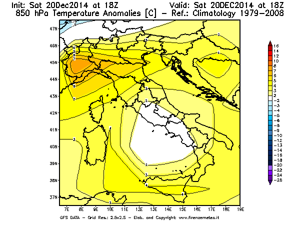 Mappa di analisi GFS - Anomalia Temperatura [°C] a 850 hPa in Italia
									del 20/12/2014 18 <!--googleoff: index-->UTC<!--googleon: index-->