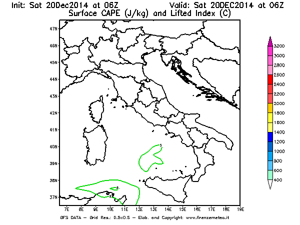 Mappa di analisi GFS - CAPE [J/kg] e Lifted Index [°C] in Italia
									del 20/12/2014 06 <!--googleoff: index-->UTC<!--googleon: index-->