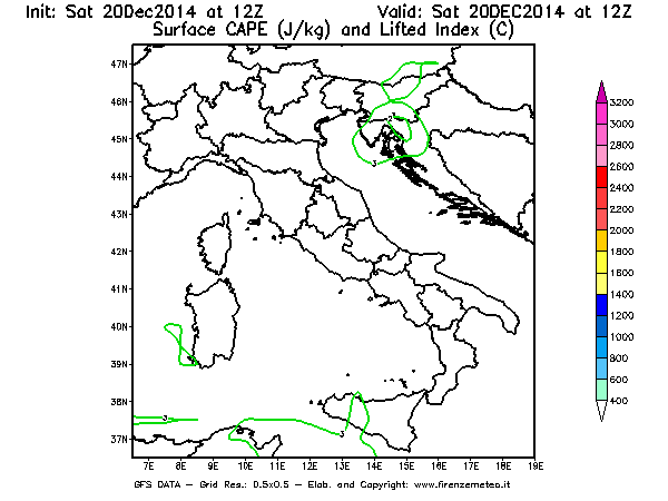 Mappa di analisi GFS - CAPE [J/kg] e Lifted Index [°C] in Italia
							del 20/12/2014 12 <!--googleoff: index-->UTC<!--googleon: index-->