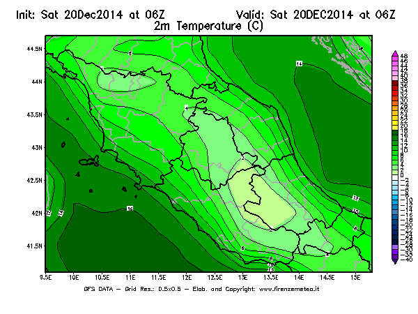 Mappa di analisi GFS - Temperatura a 2 metri dal suolo [°C] in Centro-Italia
							del 20/12/2014 06 <!--googleoff: index-->UTC<!--googleon: index-->