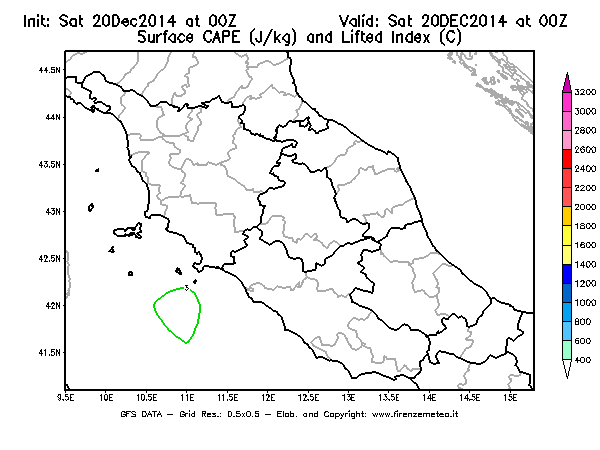 Mappa di analisi GFS - CAPE [J/kg] e Lifted Index [°C] in Centro-Italia
									del 20/12/2014 00 <!--googleoff: index-->UTC<!--googleon: index-->
