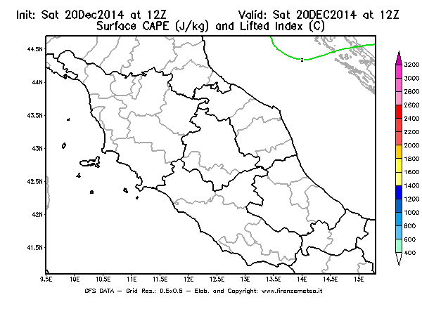 Mappa di analisi GFS - CAPE [J/kg] e Lifted Index [°C] in Centro-Italia
							del 20/12/2014 12 <!--googleoff: index-->UTC<!--googleon: index-->
