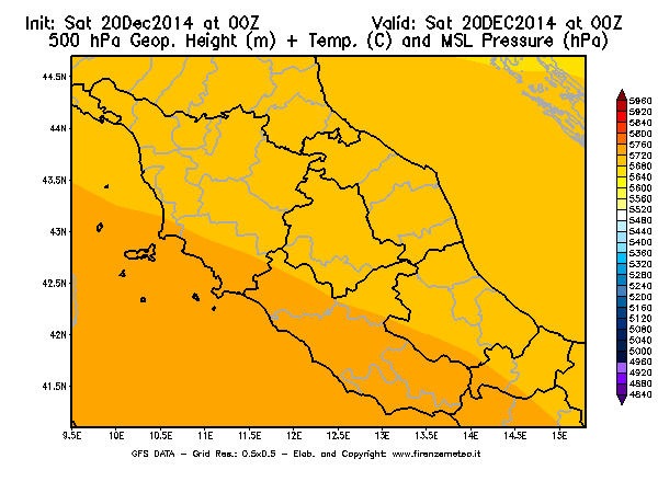 Mappa di analisi GFS - Geopotenziale [m] + Temp. [°C] a 500 hPa + Press. a livello del mare [hPa] in Centro-Italia
									del 20/12/2014 00 <!--googleoff: index-->UTC<!--googleon: index-->