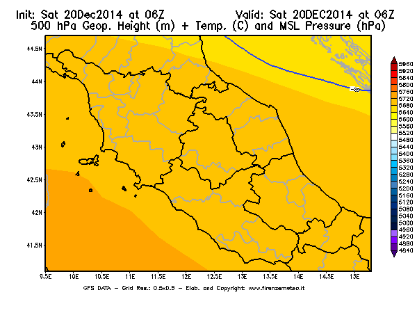 Mappa di analisi GFS - Geopotenziale [m] + Temp. [°C] a 500 hPa + Press. a livello del mare [hPa] in Centro-Italia
									del 20/12/2014 06 <!--googleoff: index-->UTC<!--googleon: index-->