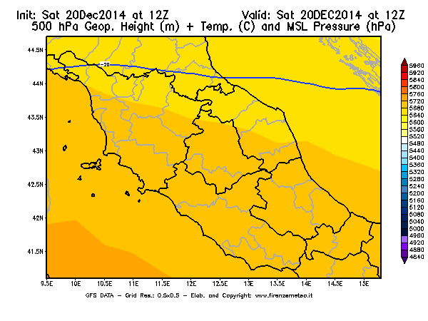 Mappa di analisi GFS - Geopotenziale [m] + Temp. [°C] a 500 hPa + Press. a livello del mare [hPa] in Centro-Italia
							del 20/12/2014 12 <!--googleoff: index-->UTC<!--googleon: index-->