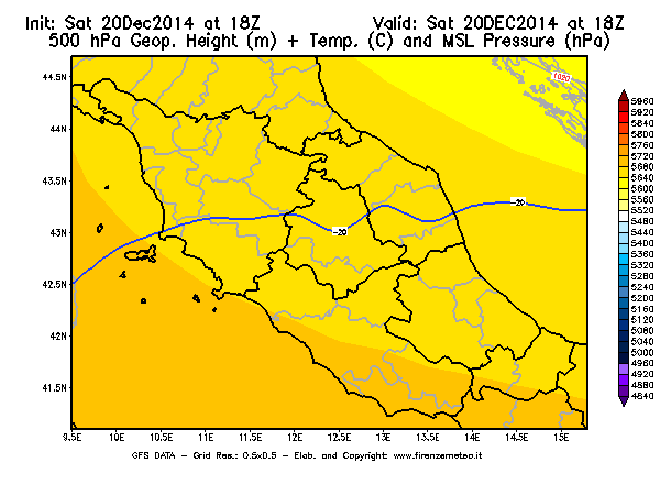 Mappa di analisi GFS - Geopotenziale [m] + Temp. [°C] a 500 hPa + Press. a livello del mare [hPa] in Centro-Italia
							del 20/12/2014 18 <!--googleoff: index-->UTC<!--googleon: index-->