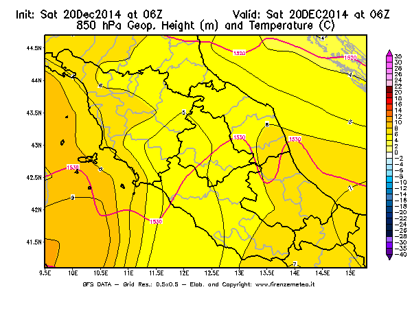 Mappa di analisi GFS - Geopotenziale [m] e Temperatura [°C] a 850 hPa in Centro-Italia
							del 20/12/2014 06 <!--googleoff: index-->UTC<!--googleon: index-->
