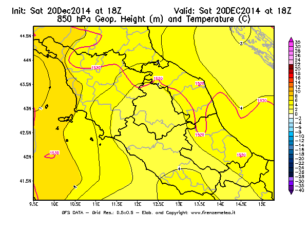 Mappa di analisi GFS - Geopotenziale [m] e Temperatura [°C] a 850 hPa in Centro-Italia
									del 20/12/2014 18 <!--googleoff: index-->UTC<!--googleon: index-->