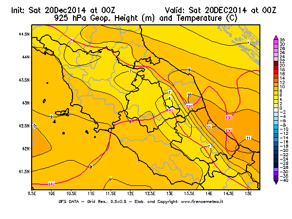 Mappa di analisi GFS - Geopotenziale [m] e Temperatura [°C] a 925 hPa in Centro-Italia
							del 20/12/2014 00 <!--googleoff: index-->UTC<!--googleon: index-->