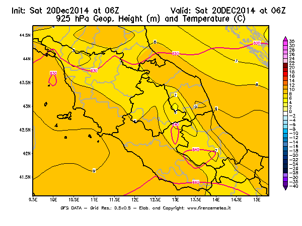 Mappa di analisi GFS - Geopotenziale [m] e Temperatura [°C] a 925 hPa in Centro-Italia
									del 20/12/2014 06 <!--googleoff: index-->UTC<!--googleon: index-->