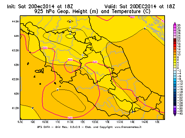Mappa di analisi GFS - Geopotenziale [m] e Temperatura [°C] a 925 hPa in Centro-Italia
									del 20/12/2014 18 <!--googleoff: index-->UTC<!--googleon: index-->