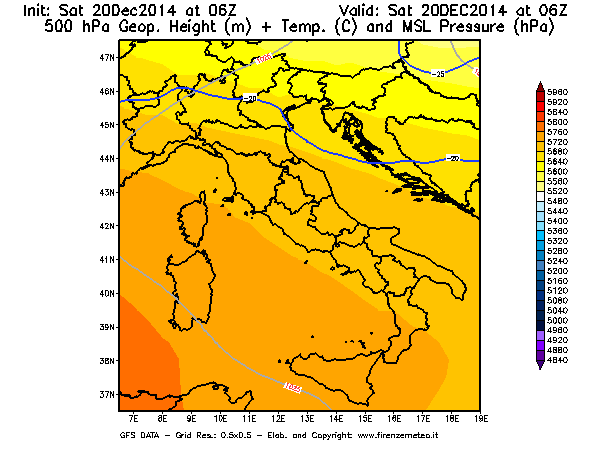 Mappa di analisi GFS - Geopotenziale [m] + Temp. [°C] a 500 hPa + Press. a livello del mare [hPa] in Italia
							del 20/12/2014 06 <!--googleoff: index-->UTC<!--googleon: index-->