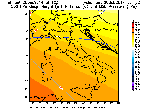 Mappa di analisi GFS - Geopotenziale [m] + Temp. [°C] a 500 hPa + Press. a livello del mare [hPa] in Italia
									del 20/12/2014 12 <!--googleoff: index-->UTC<!--googleon: index-->