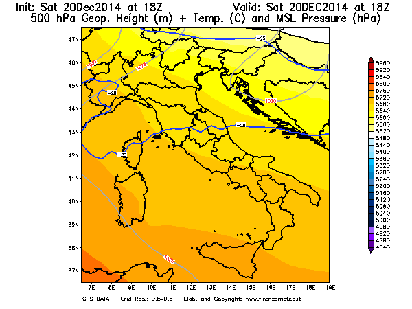 Mappa di analisi GFS - Geopotenziale [m] + Temp. [°C] a 500 hPa + Press. a livello del mare [hPa] in Italia
							del 20/12/2014 18 <!--googleoff: index-->UTC<!--googleon: index-->