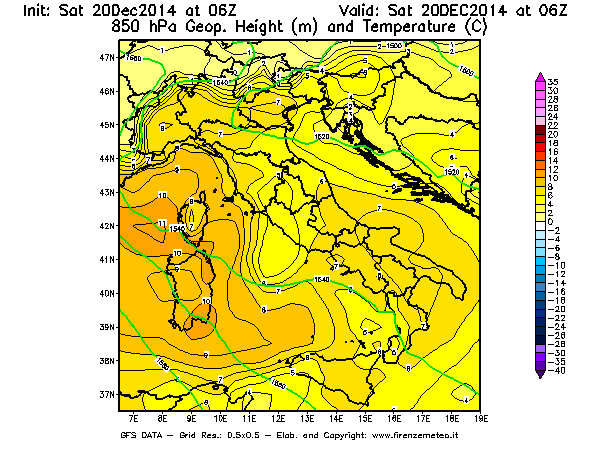 Mappa di analisi GFS - Geopotenziale [m] e Temperatura [°C] a 850 hPa in Italia
							del 20/12/2014 06 <!--googleoff: index-->UTC<!--googleon: index-->