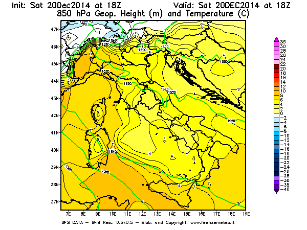 Mappa di analisi GFS - Geopotenziale [m] e Temperatura [°C] a 850 hPa in Italia
									del 20/12/2014 18 <!--googleoff: index-->UTC<!--googleon: index-->