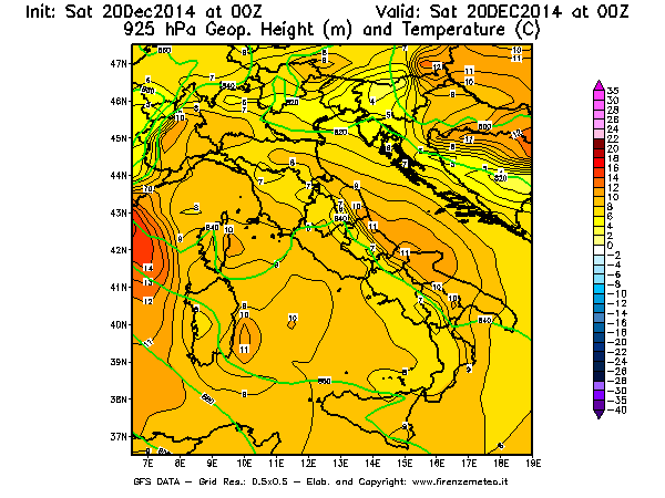 Mappa di analisi GFS - Geopotenziale [m] e Temperatura [°C] a 925 hPa in Italia
							del 20/12/2014 00 <!--googleoff: index-->UTC<!--googleon: index-->