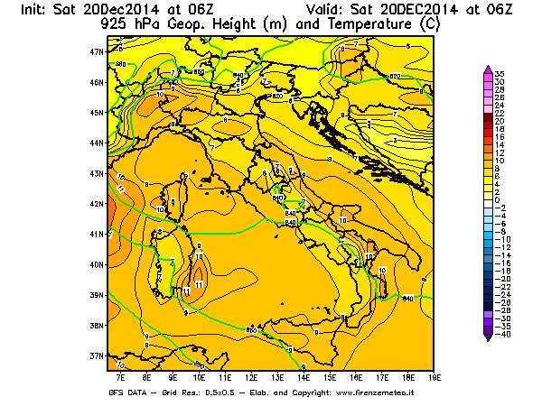 Mappa di analisi GFS - Geopotenziale [m] e Temperatura [°C] a 925 hPa in Italia
									del 20/12/2014 06 <!--googleoff: index-->UTC<!--googleon: index-->