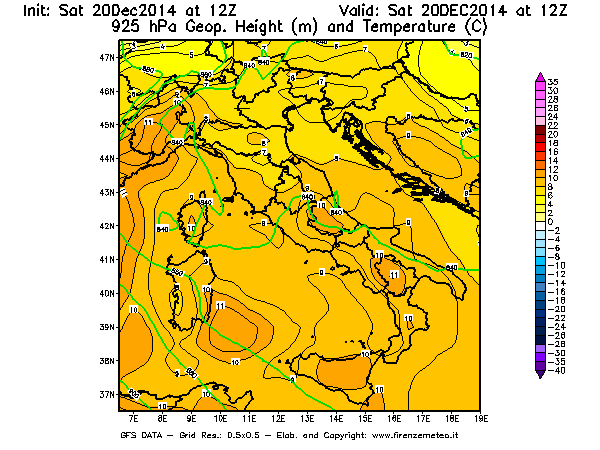 Mappa di analisi GFS - Geopotenziale [m] e Temperatura [°C] a 925 hPa in Italia
							del 20/12/2014 12 <!--googleoff: index-->UTC<!--googleon: index-->