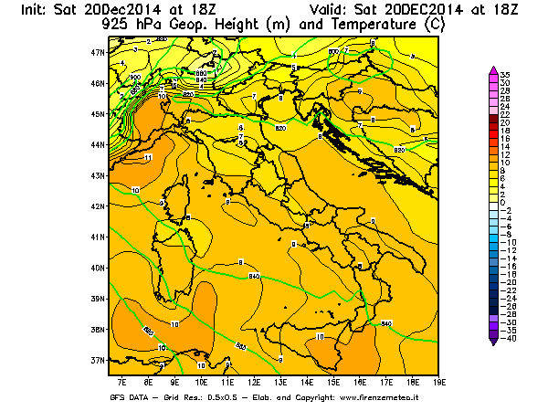 Mappa di analisi GFS - Geopotenziale [m] e Temperatura [°C] a 925 hPa in Italia
							del 20/12/2014 18 <!--googleoff: index-->UTC<!--googleon: index-->