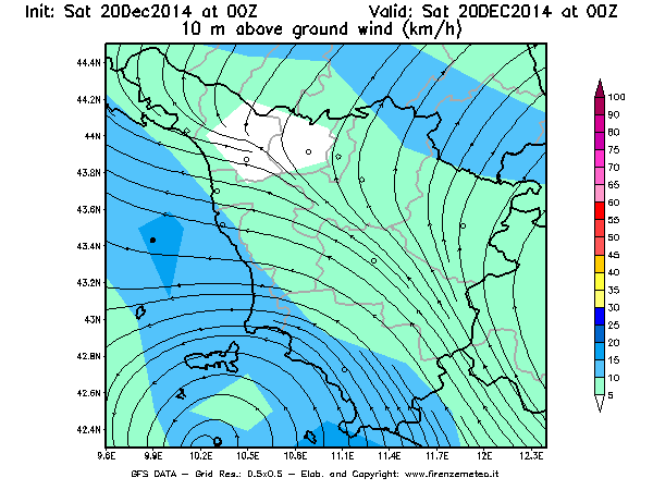 Mappa di analisi GFS - Velocità del vento a 10 metri dal suolo [km/h] in Toscana
							del 20/12/2014 00 <!--googleoff: index-->UTC<!--googleon: index-->