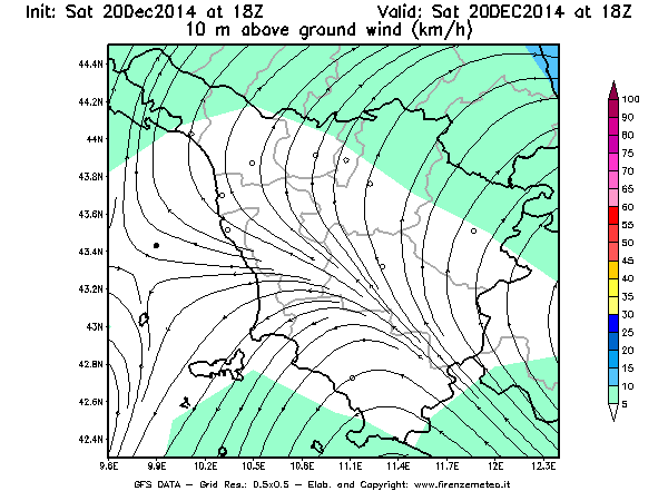 Mappa di analisi GFS - Velocità del vento a 10 metri dal suolo [km/h] in Toscana
									del 20/12/2014 18 <!--googleoff: index-->UTC<!--googleon: index-->