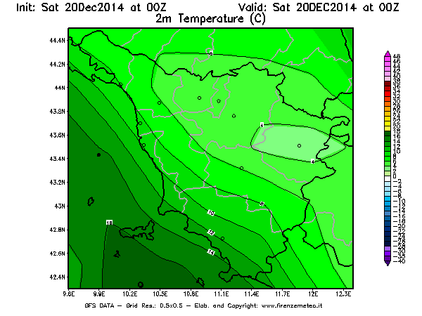 Mappa di analisi GFS - Temperatura a 2 metri dal suolo [°C] in Toscana
							del 20/12/2014 00 <!--googleoff: index-->UTC<!--googleon: index-->