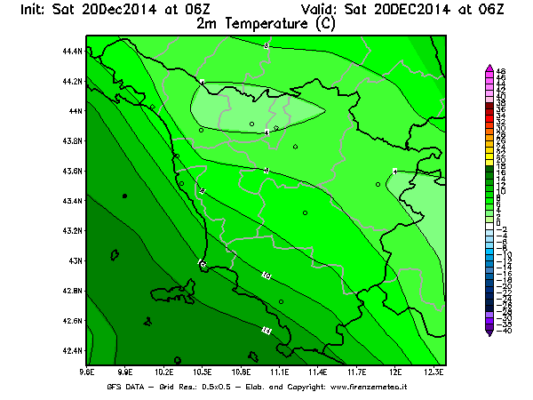 Mappa di analisi GFS - Temperatura a 2 metri dal suolo [°C] in Toscana
							del 20/12/2014 06 <!--googleoff: index-->UTC<!--googleon: index-->