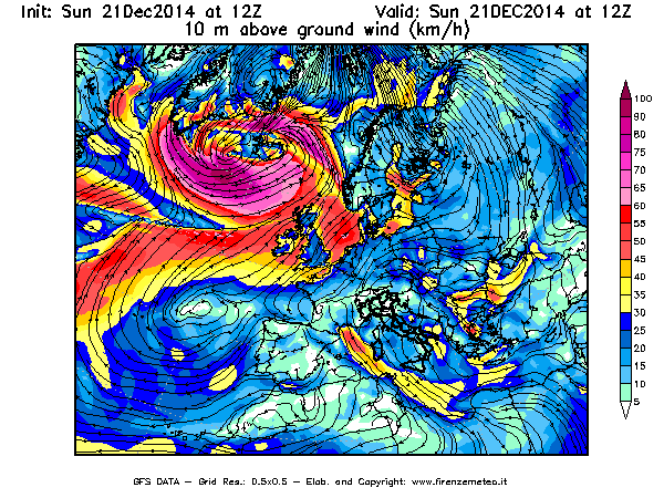 Mappa di analisi GFS - Velocità del vento a 10 metri dal suolo [km/h] in Europa
									del 21/12/2014 12 <!--googleoff: index-->UTC<!--googleon: index-->