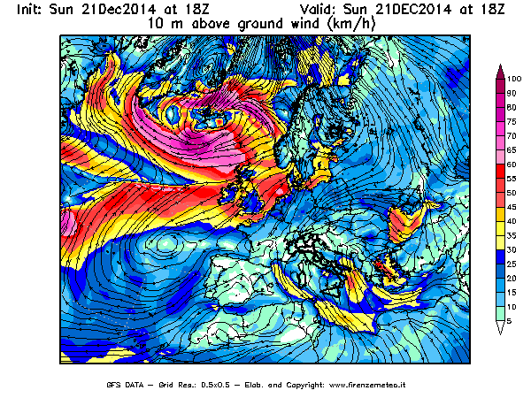 Mappa di analisi GFS - Velocità del vento a 10 metri dal suolo [km/h] in Europa
							del 21/12/2014 18 <!--googleoff: index-->UTC<!--googleon: index-->
