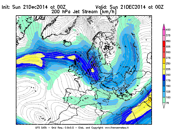 Mappa di analisi GFS - Jet Stream a 200 hPa in Europa
									del 21/12/2014 00 <!--googleoff: index-->UTC<!--googleon: index-->