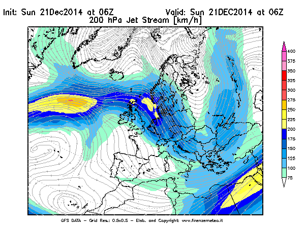 Mappa di analisi GFS - Jet Stream a 200 hPa in Europa
							del 21/12/2014 06 <!--googleoff: index-->UTC<!--googleon: index-->