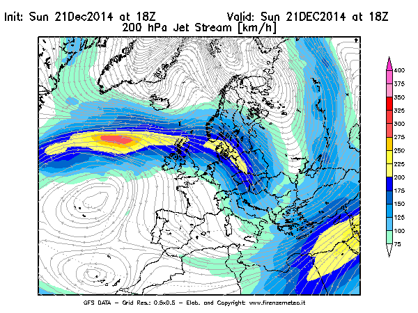 Mappa di analisi GFS - Jet Stream a 200 hPa in Europa
									del 21/12/2014 18 <!--googleoff: index-->UTC<!--googleon: index-->