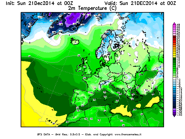 Mappa di analisi GFS - Temperatura a 2 metri dal suolo [°C] in Europa
							del 21/12/2014 00 <!--googleoff: index-->UTC<!--googleon: index-->