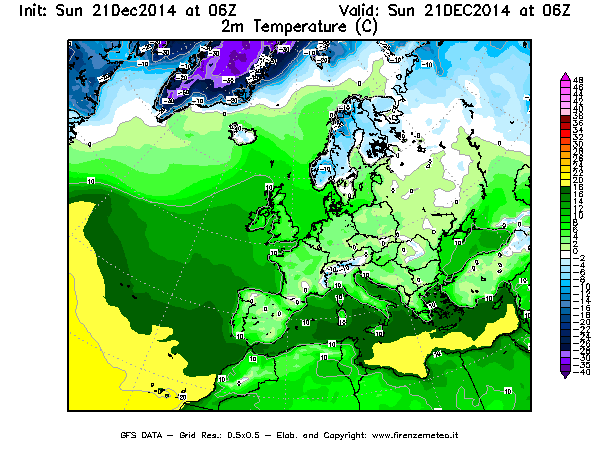 Mappa di analisi GFS - Temperatura a 2 metri dal suolo [°C] in Europa
							del 21/12/2014 06 <!--googleoff: index-->UTC<!--googleon: index-->