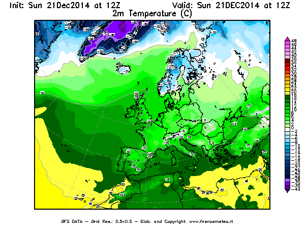 Mappa di analisi GFS - Temperatura a 2 metri dal suolo [°C] in Europa
									del 21/12/2014 12 <!--googleoff: index-->UTC<!--googleon: index-->